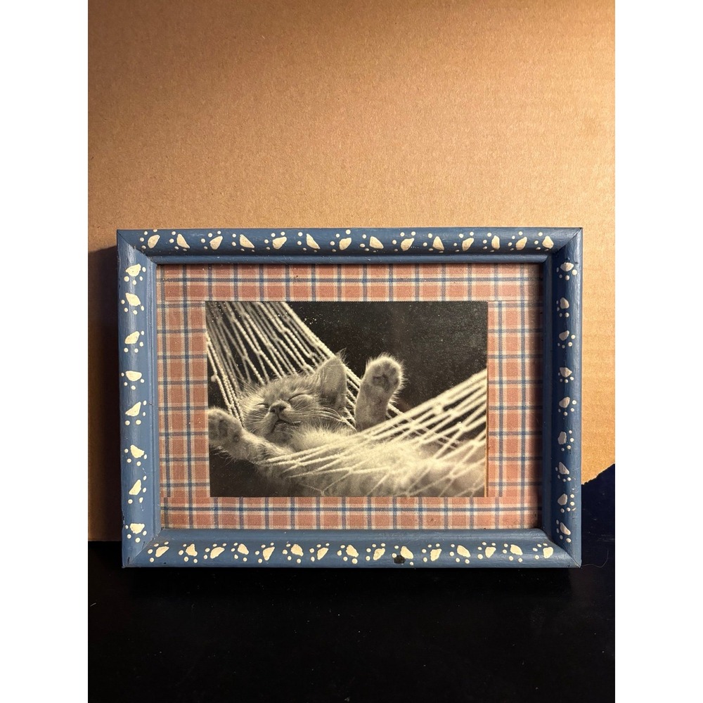 Vintage Black And White Print Of Kitten Cat Sleeping In A Tiny Hammock Framed